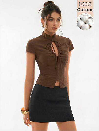 Poéselle Áo kiểu nữ thời trang Y2K dáng ôm, màu trơn, cổ bẻ khoét rỗng, xoắn nhẹ, thích hợp đi làm, mùa hè.