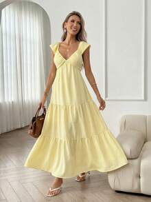 Easowa 褶皱花瓣袖、褶皱腰身、层叠荷叶边下摆A字中长连衣裙，休闲宽松优雅的OL度假连衣裙，适合春夏穿着 - 淡黃色 - 查看 3