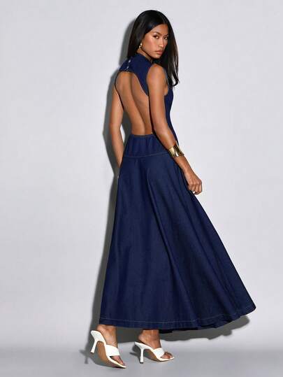 Avantive Women's Solid Color Minimalist Backless Denim Dress, Casual Everyday Wear