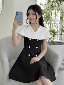 SHEIN Gaun A-Line Elegan Warna Hitam & Putih dengan Kerah Besar untuk Anak Perempuan Remaja - Hitam dan Putih - View 6