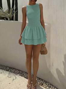 Sunnyshic 女士红色波点无袖修身A字下摆迷你连衣裙，弹力圆领，甜美浪漫海滩度假风，春夏款 - 薄荷綠 - 查看 4