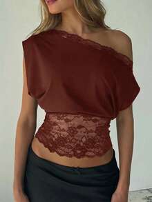 SHEIN SXY Elegant Lace Patchwork One-Shoulder Collar Blouse - Rust Brown - View 4