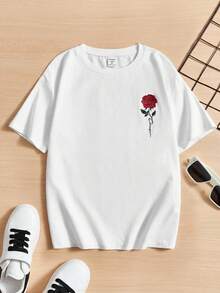 SHEIN Tween Boy Casual Minimalist Fashion Classic Valentine's Day Graphic Knit T-Shirt, Suitable For Summer, Suitable For Party, Outdoor Play, School, Street Photography, Vacation - White - View 2