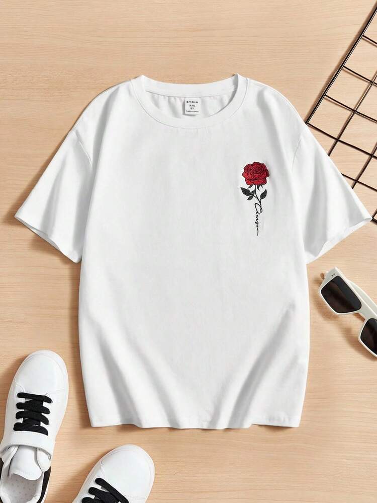 Tween Boy Casual White Summer Knit T-Shirt,Minimalist Fashion Rose Graphic Tee,City Break,Outdoor Play,School,Street Photography,Vacation