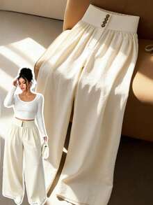 Elenzga Pantalones anchos de pierna ancha de tela elegante para vacaciones de mujer de talla grande, pantalones sueltos con diseño de botones y decoración de cinturón, adecuados para verano con manga corta, oficina, viajes, citas, estilo blogger, pantalones de color albaricoque, adecuados para graduación, vacaciones, Día de San Valentín, festivales de música, Día de la Madre, Halloween, Acción de Gracias, Pascua, Día Nacional, bailes, fiestas de citas, temporada de bodas, viajes al aire libre - Beis - Ver 8