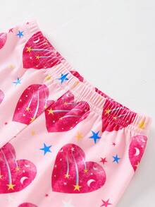 [2 Sets Random] Baby Girls Sweet Y2K Pink Heart Animal Cartoon Print Round Neck Short Sleeve & Shorts Summer Soft High Stretch Snug Fit Pajamas - Pink - View 4