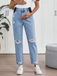 SHEIN Quần jean bầu có túi và khuy cài, kiểu dáng thường ngày đa năng, thích hợp mặc đi làm, đi nghỉ mát, dự lễ tốt nghiệp, phong cách Y2K, dễ thương, đường phố, dự tiệc, đám cưới, thanh lịch, công sở, đi biển, tốt nghiệp, nữ, màu xanh nhạt, dáng rộng, rách và có chi tiết chun co giãn. - Màu xanh lam - Xem 5