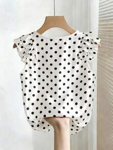 SHEIN Blusa elegante de mujer con escote en V y lunares, adecuada para cumpleaños, fiestas, bodas, citas, uso diario, con diseño de bajo con volantes - Blanco y Negro - Ver 2