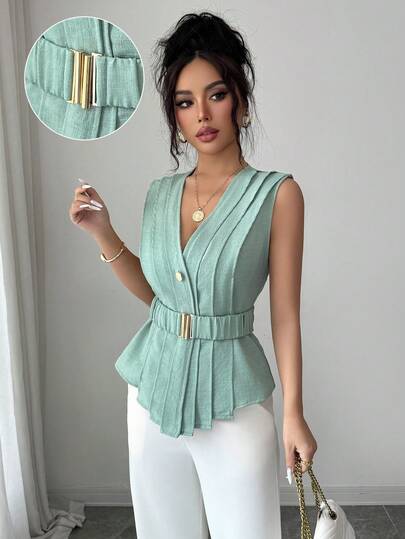 Elenzga Women's Spring/Summer French Romantic Sicily Elegant Casual Commute Vacation Afternoon Tea Party Solid Color Linen-Like V-Neck Open Front Layered Pleated Asymmetric Hem Metal Buckle Elastic Waist Flared Sleeveless Blouse
