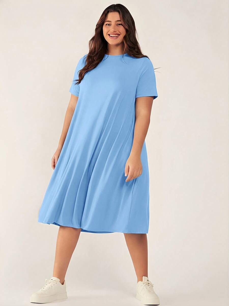 SHEIN BASICS Đầm dự tiệc và dạo phố đơn giản, màu trơn dành cho nữ cỡ lớn - Màu xanh lam - Xem 1