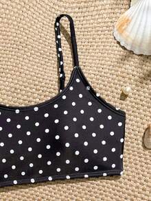 SHEIN Tween Girls Tankini Swimwear, Black & White Polka Dot Knit Fabric, Adjustable Straps & Back, 2 Pieces Swimwear Set, Fashionable Casual Elegant Design, Suitable For Swimming, Summer Vacation, Beach, Pool Bikini Sets Polka Dot Polka Dot Swimwear Bathing Suits Polka Dot Poka Dots Bathing Suit Cheap Bathing Suits - Black and White - View 3