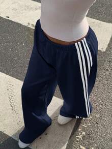 Muchica Cotton Blend Blue Knit Wide Leg Casual Sweatpants For Women - Navy Blue - View 4