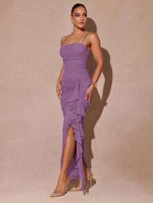 Silquee Đầm ren ôm sát màu xanh lá cây nhạt thanh lịch, lãng mạn, tay bồng, xẻ tà, thích hợp cho ngày Valentine, hẹn hò, dự đám cưới, dạ hội. - Bụi tím - Xem 4