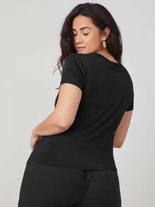 SHEIN BASICS 大码女式纯色圆领休闲百搭日常短袖T恤 - 黑色 - 查看 2