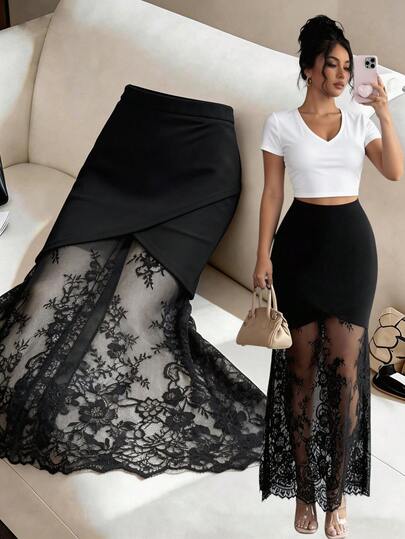 Elenzga 优雅都市时尚新款夏季蕾丝拼接高腰开衩半身裙，适合日常穿着、婚礼、晚宴、通勤、毕业典礼、节日、约会、复活节、派对、万圣节、圣诞节、新年、感恩节等场合。