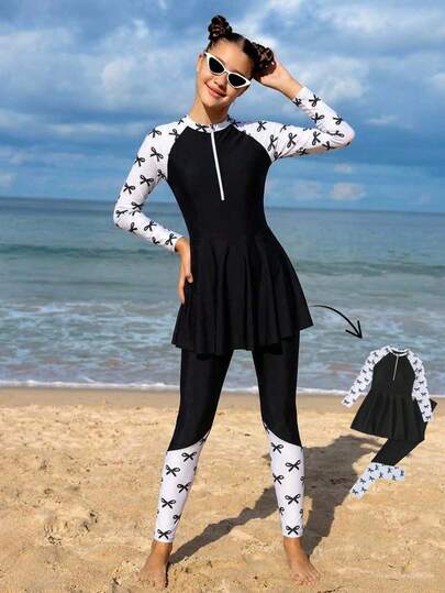 SHEIN Teen Girls' Tankini Swimwear, Casual & Conservative, Black Bow Knit Top With Colorblock Sleeves, White Base With Black Butterfly Print, Zipper Bottoms With Colorblock Hem, Elegant & Fashionable For Swimming, Beach, Pool, Summer Vacation Womens Swimming Suit Long Sleeve Swimsuit Swim Dress Rash Guard Women Full Coverage Swimwear Boat Outfits Women Swimming Suit For Girls Adult Boat Cruise Dress