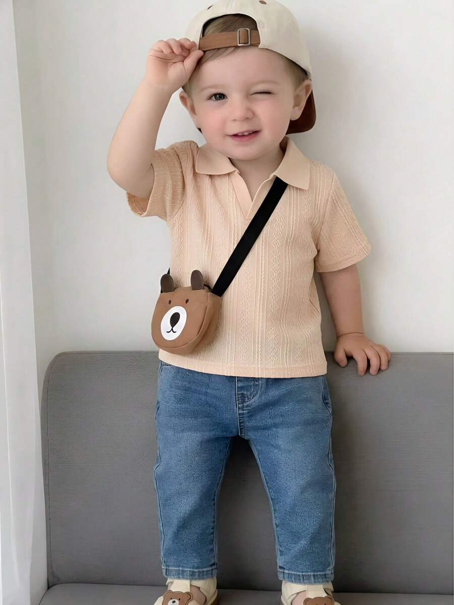 SHEIN Vintaside Kids 男童休闲翻领短袖上衣搭配时尚水洗牛仔裤套装,适合日常穿着、家庭露营、外出就餐或购物。 - 杏色 - 查看 1