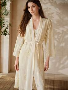 PREMIUM FLORAL EMBROIDERED WAIST BELT ROBE - Apricot - View 7