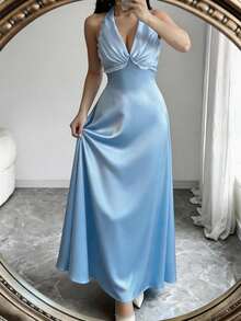 Elenzga Generic Women's Light Blue Satin Halter Maxi Dress, Elegant Deep V Neck Sleeveless A-Line Flowy Formal Dress For Cocktail Party Wedding Guest Bridesmaid Evening Prom - Blue - View 1