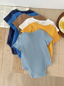 Unisex Newborn Baby 6pcs/Set 100% Cotton Casual Solid Color High Elasticity Rib Knit Short Sleeve Romper Bodysuit Outfit Sets, Easy To Put On And Take Off, Spring/Summer - Multicolor - View 2