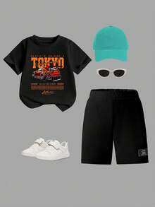 2pcs/Set Casual Fashionable & Comfortable Young Boy's Outfit, Round Neck T-Shirt Paired With Cargo Shorts, Featuring Cool Racing Car & English Slogan Graphic, Suitable For Spring/Summer, Casual Wear, Back To School, Outdoor, Photography, Campus, Festivals, Gifts Tokyo Outfit For Kids Young Boys Clothes Ootd For Kids Kids Sports Wear - Multicolor - View 3
