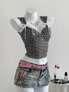 SHEIN EZwear 女士格子褶皱休闲百搭日常上衣 - 黑與白 - 查看 5