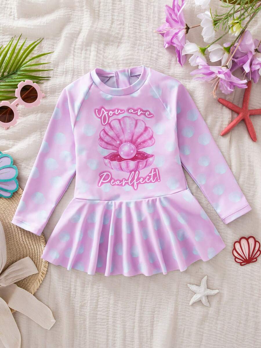 SHEIN Traje de baño de una pieza con cuello redondo, mangas raglán y volantes con estampado total para niña - Multicolor - Ver 1