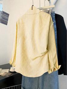 大码女式亚麻条纹多巴胺黄衬衫 - 彩色 - 查看 2