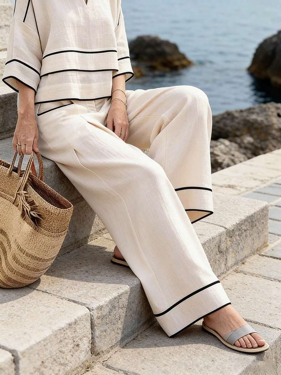Breezaya Quần tây nữ ống rộng kẻ sọc chất liệu giả vải lanh, màu be & đen, thích hợp cho mùa xuân/hè. - Màu be - Xem 1