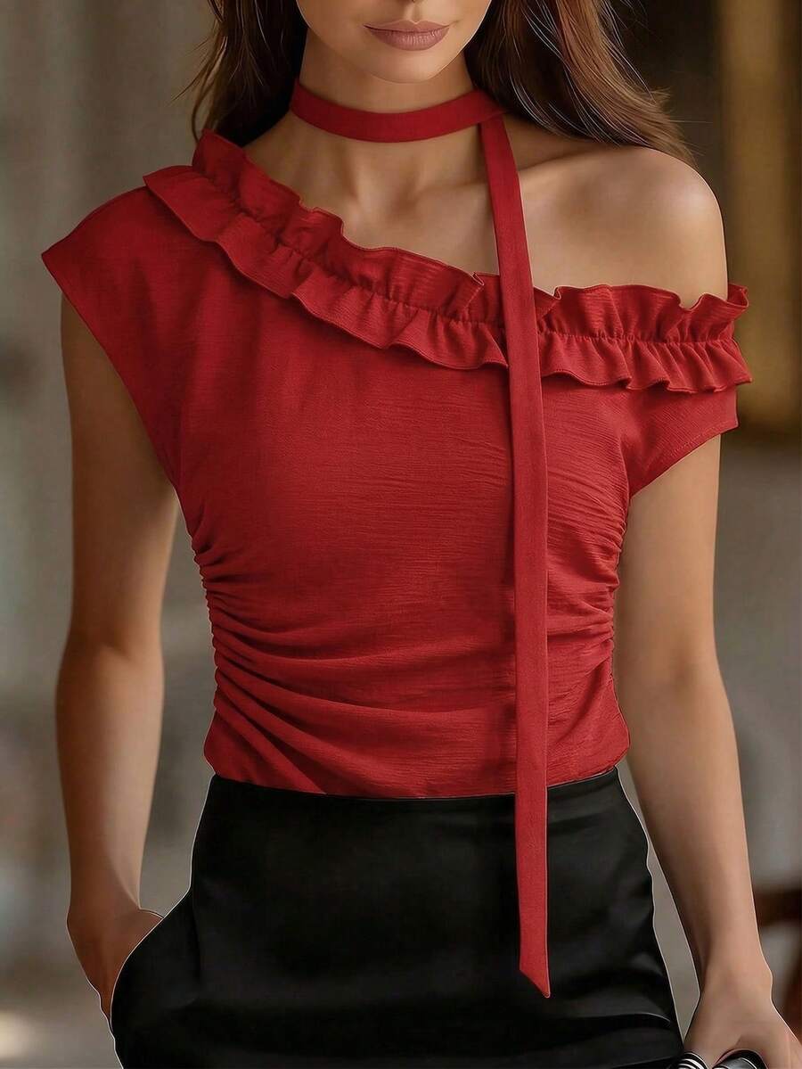 Franclia Blouse d'été à épaules dénudées avec volants et taille resserrée - Rouge - Voir 1