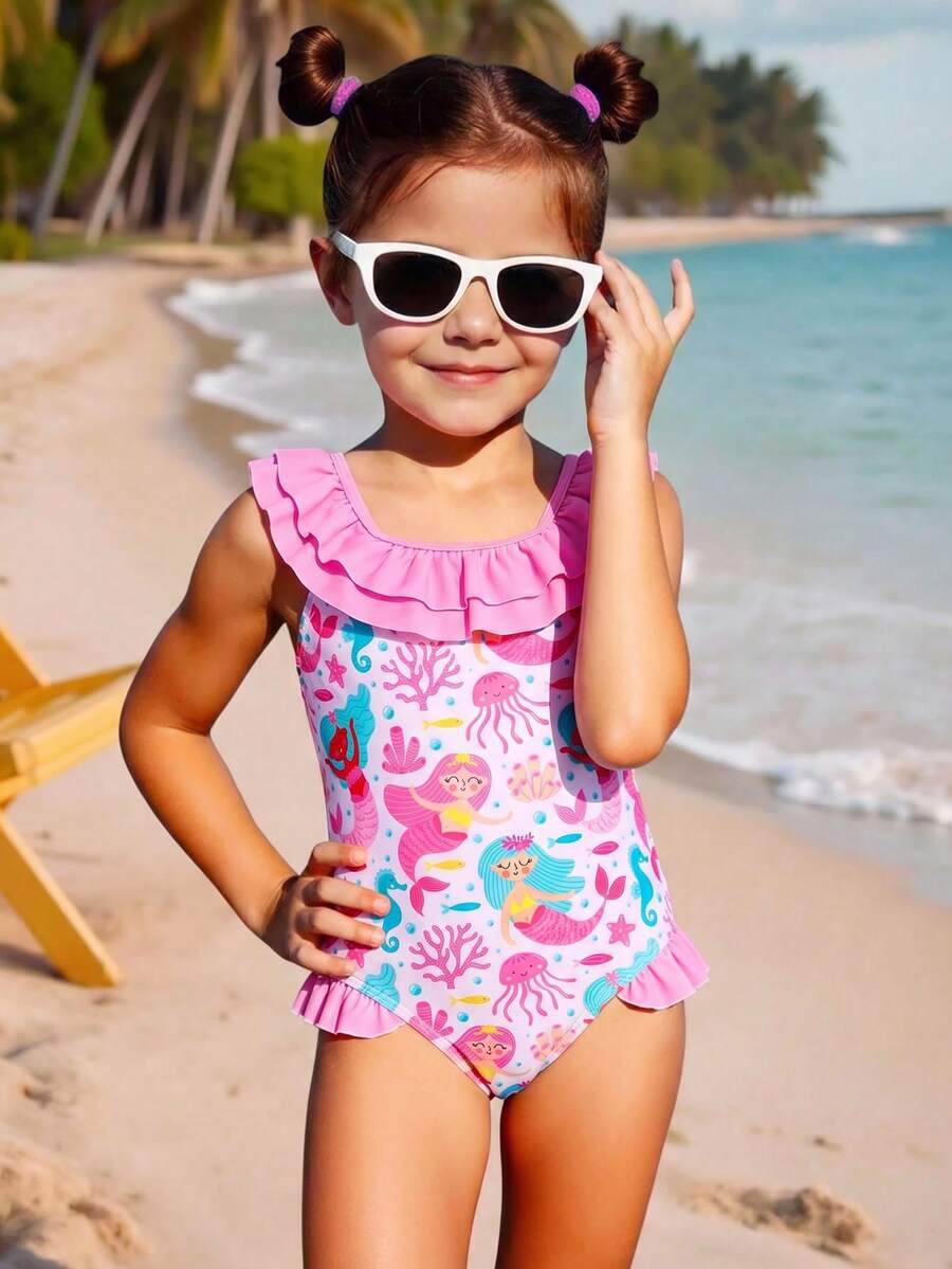 SHEIN Áo tắm liền thân thời trang mới cho bé gái, thiết kế dây đeo in họa tiết toàn thân, che phủ vùng bụng. - Nhiều màu - Xem 1