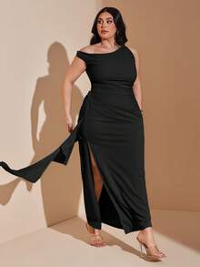 SHEIN BAE Plus Size Women Green Asymmetrical Shoulder Dress - Black - View 4