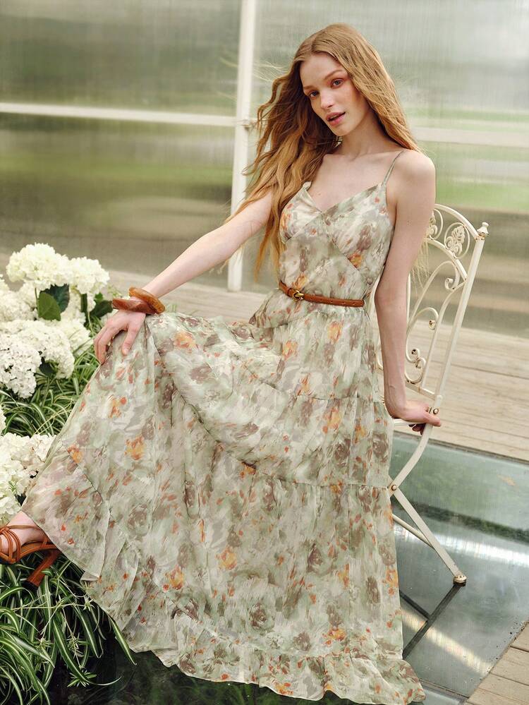 FLORAL PRINT BELTED GREEN CAMISOLE DRESS