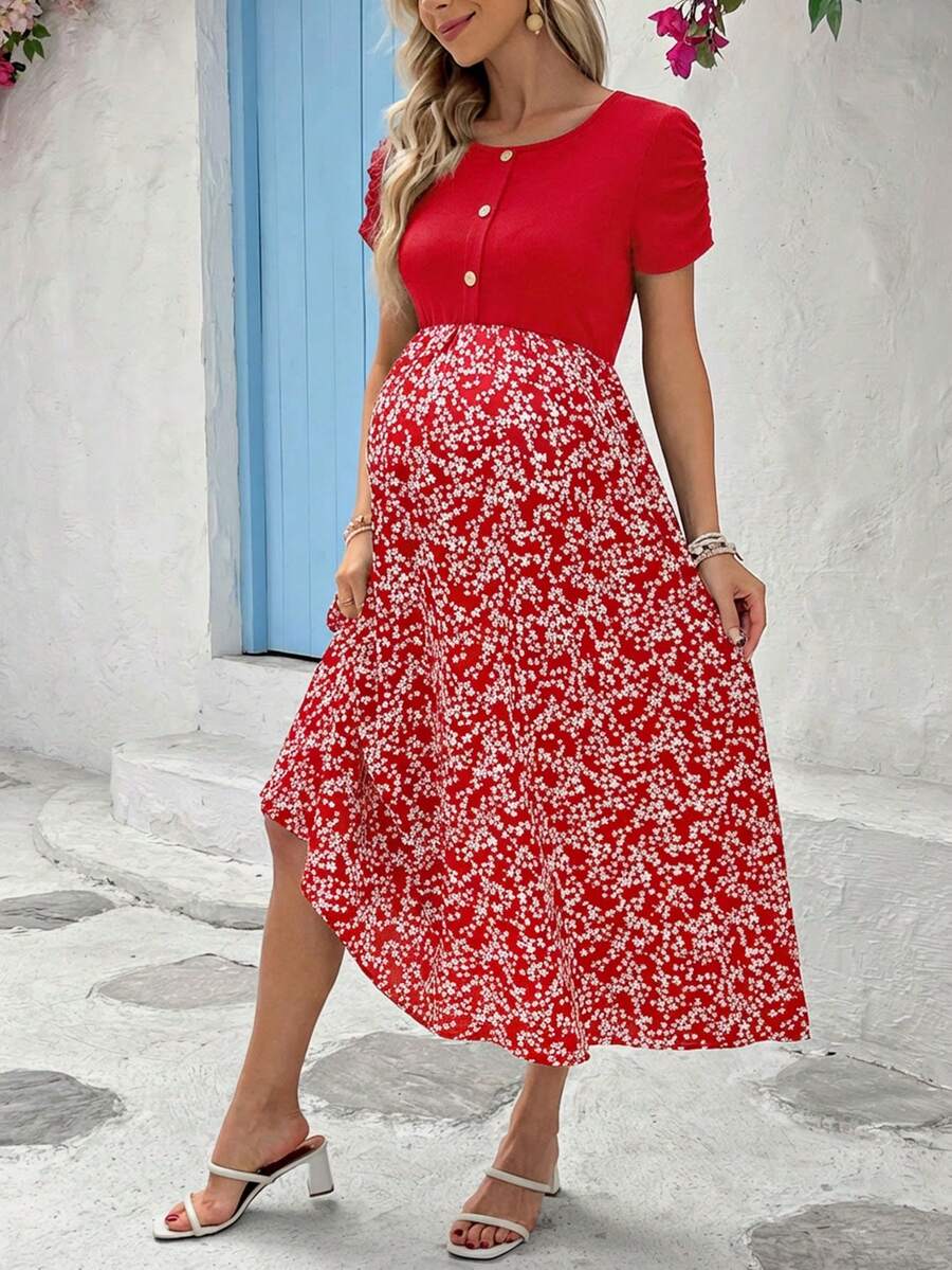 SHEIN Maternity Round Neck Color Block Fashionable Vacation Dress - Red - View 1
