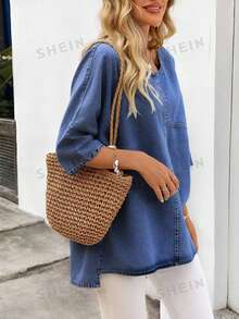 SHEIN Plus Size Women Summer Casual Denim Blouse - Medium Wash - View 4