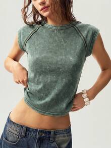 Bohemela Solid Color Knit Crew Neck Fitted Washed T-Shirt For Women - Army Green - View 6