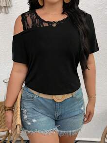 SHEIN LUNE CURVE Damen Große Größen Einfarbiges T-Shirt mit Kontrast-Spitze, Ausschnitt an den Schultern und Kurzarm, modisch - Schwarz - Übersicht 6