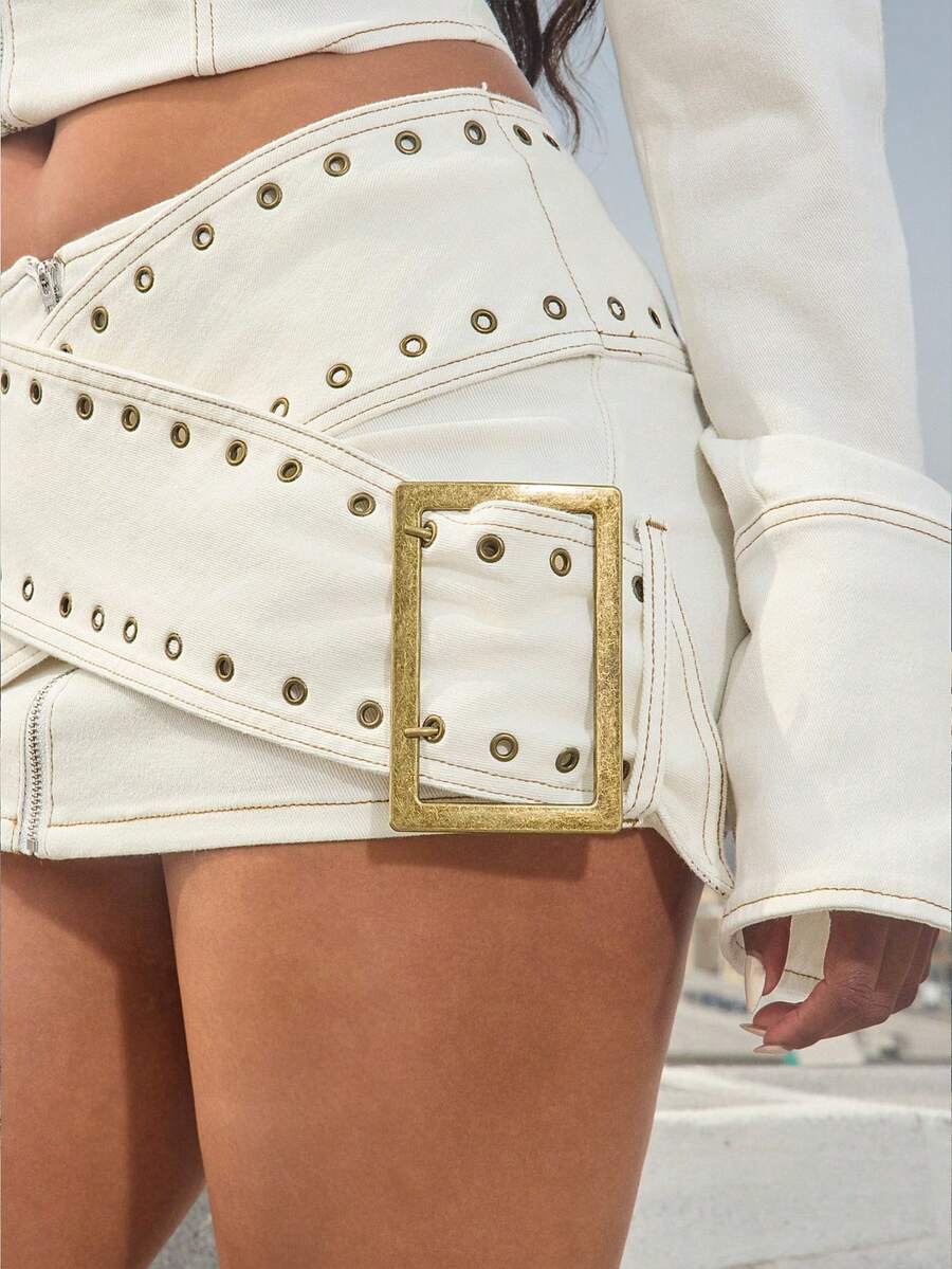 Denimoi Váy ngắn denim thắt eo, váy denim gợi cảm, váy sexy, váy thời trang, denim thời thượng, phong cách Y2K. - trắng - Xem 1