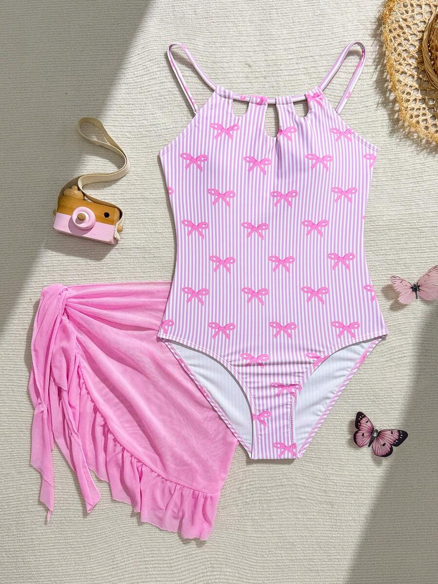 SHEIN 少女条纹蝴蝶结印花连体泳衣,配同款迷你裙,适合海滩度假、泳池派对、沙滩派对 - 粉色 - 查看 1
