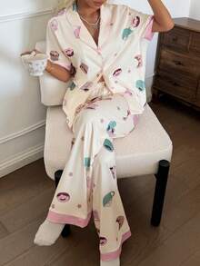 SHEIN 2pcs/Set Girls' Cute Print Short Sleeve Top And Pants Casual Pajamas, Spring/Autumn - Apricot - View 5