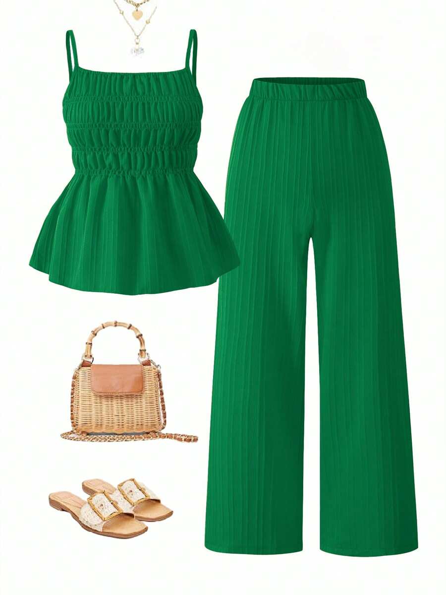 SHEIN 2件套少女休闲吊带背心和阔腿裤套装，夏季 - 綠色 - 查看 1