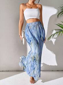 Celisse Spring And Summer Casual Pleated Elastic Waist Fish Tail Hem Long Skirt With Random Prints Maxi Women Fall Cloth For Women - Blue - View 5