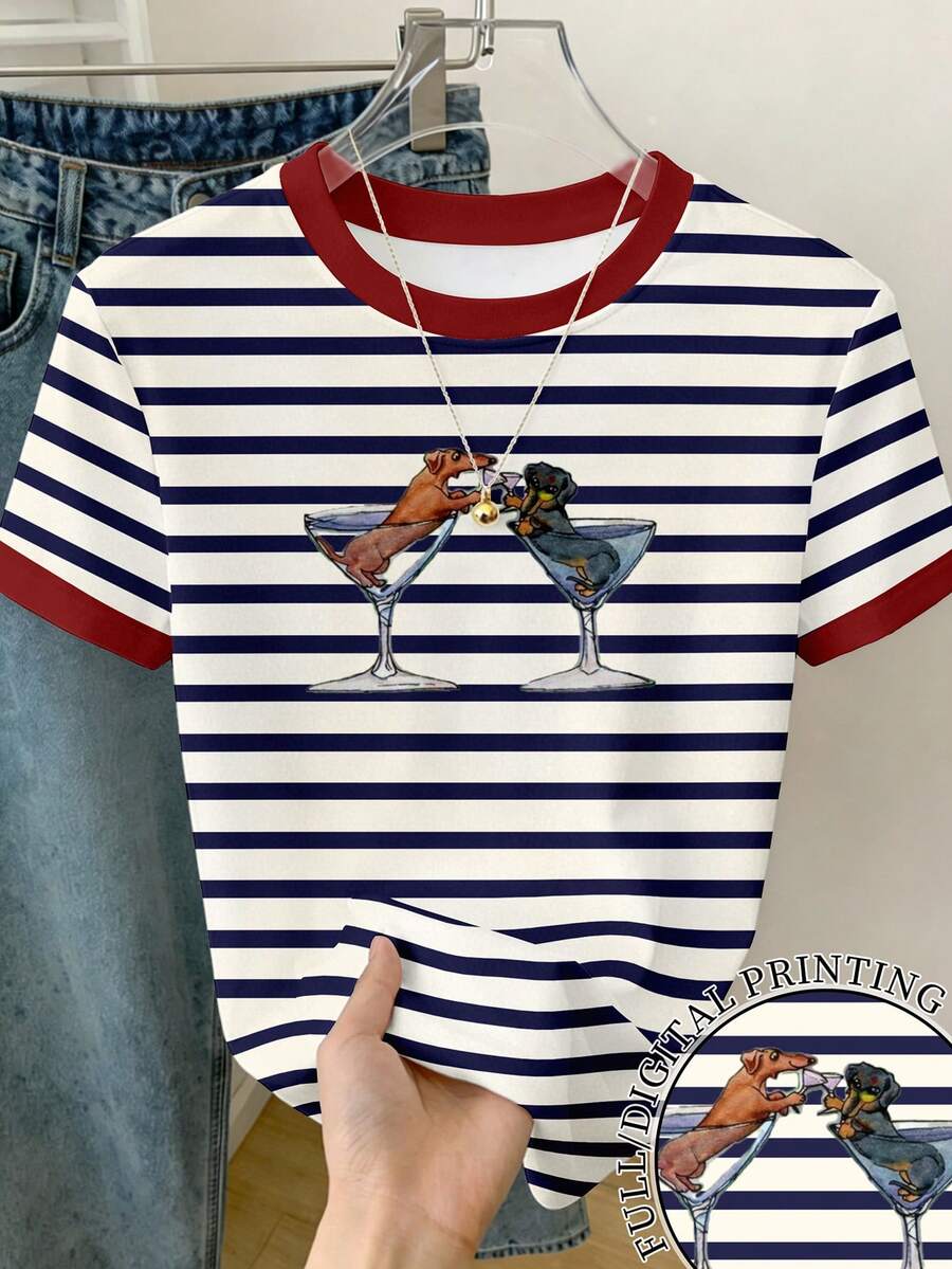 Women's Round Neck Contrast Trim Dog Print Casual Everyday Short Sleeve T-Shirt - Multicolor - View 1