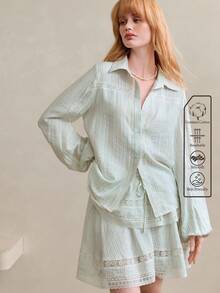 Arave Women's Woven Cotton Blouse With Collar, Long Sleeves, Button Decor, Floral Patchwork Design, And Layered Skirt, Casual Daily 2 Pieces Set - Blue and White - View 4