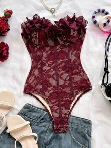 Soleia Body con volantes sin tirantes para mujer, adecuado para vacaciones, fiestas, té de la tarde, festivales de música, playa, atuendo de verano, estilo bohemio, ganchillo, lino - Burdeos - Ver 4
