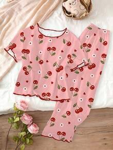 Genkimix Kids Bộ đồ ngủ 2 món cho bé gái tuổi teen, áo thun màu hồng in hình quả anh đào ngọt ngào với viền bèo tương phản và quần ống rộng in hình quả anh đào, đồ mặc nhà thoải mái. - Hồng - Xem 3