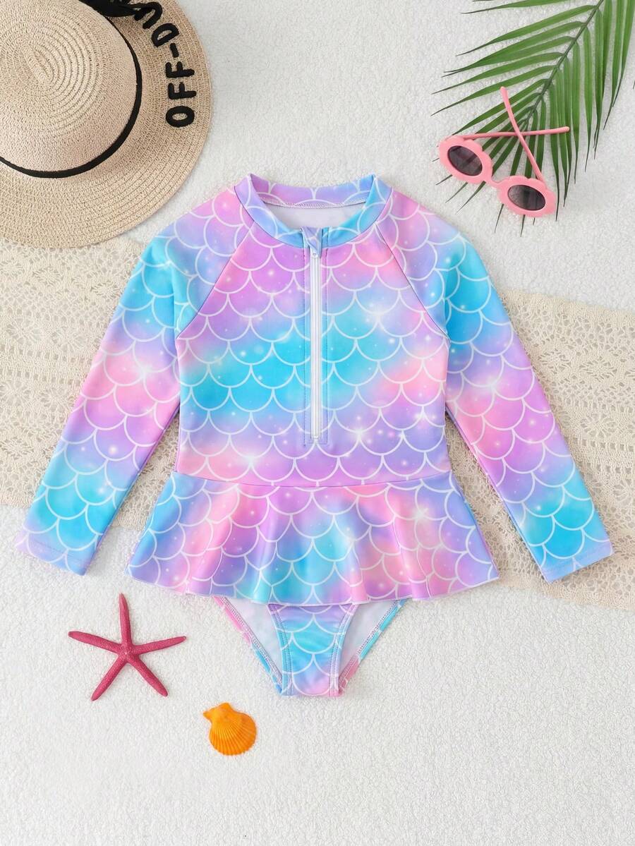 Young Girls Round Neck Raglan Sleeve Zipper Ruffle One-Piece Swimsuit - Multicolor - View 1