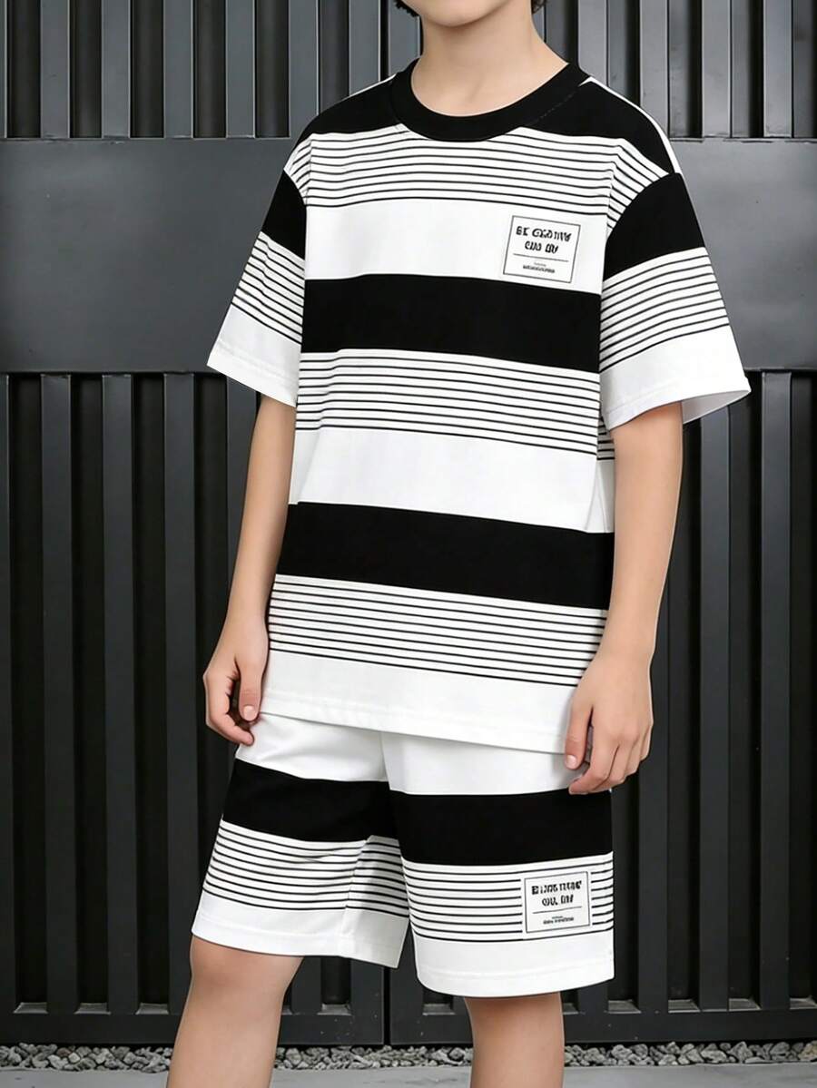 1 Set Boys' Black And White Striped Short Sleeve Shorts Set,Summer Casual Vacation Style,Suitable For Outdoor,Daily Wear,Sports In Spring & Summer - Multicolor - View 1
