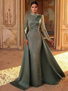 Aureia Đầm maxi dáng đuôi cá sang trọng, đính cườm, thêu sequin, tay voan mỏng, chất liệu satin, thích hợp cho đám cưới, tiệc tùng, kỳ nghỉ, dạ hội và các sự kiện trang trọng (được trang trí cầu kỳ). - màu xanh lá - Xem 6