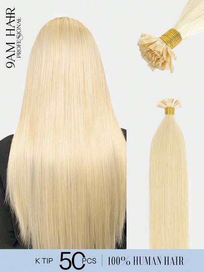 Tóc nối K Tip 100% tóc thật #613 màu vàng bạch kim, kiểu thẳng, dài từ 14-22 inch. Tóc nối V Tip mềm mượt, liền mạch, vô hình, chất lượng cao, dày dặn, khỏe mạnh. 50 sợi/gói, nối nhiệt bền lâu, phù hợp cho phụ nữ tóc mỏng và sử dụng tại salon.